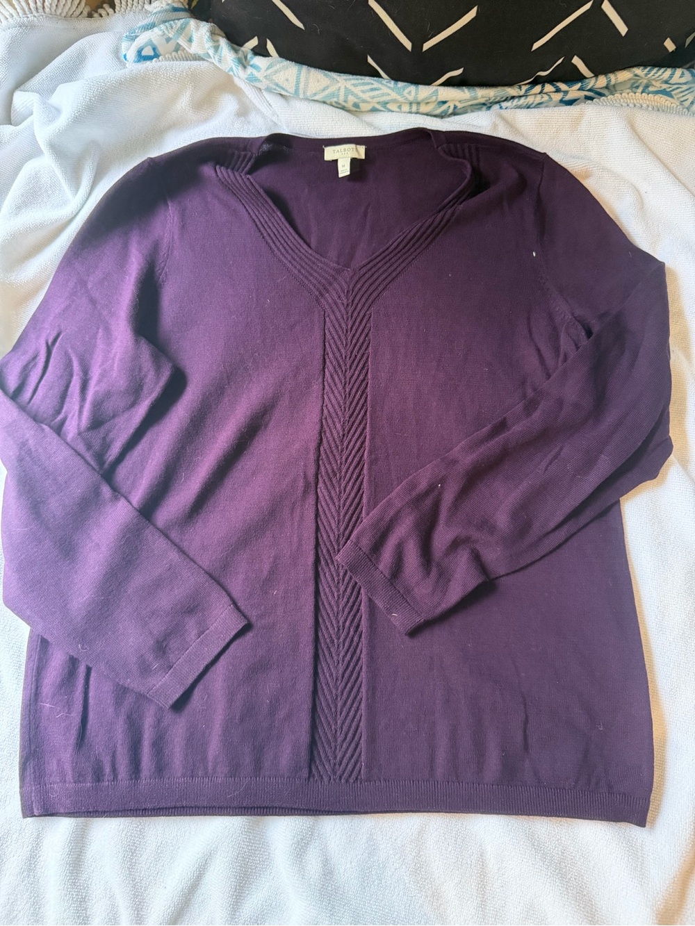 Talbots Plum V-Neck Sweater with Center Braid